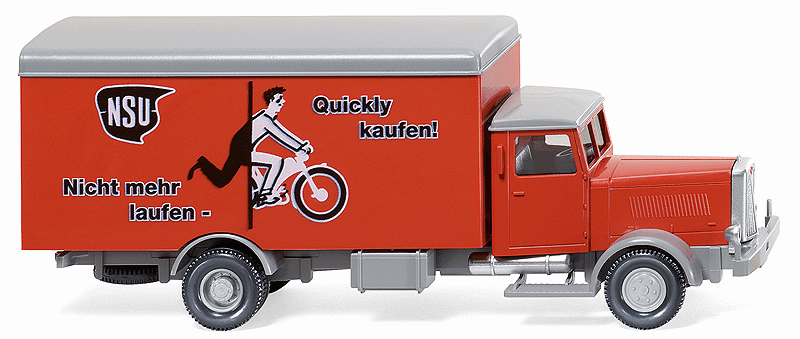 Hanomag HD5N Box Body Delivery Truck - Assembled -- NSU Quickly 60th Anniversary (coral red, silver, black, German Lettering)