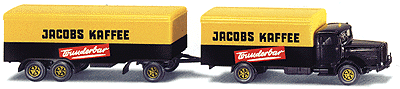 European Trucks - 2-Axle Box Van & Matching Trailer -- Bussing 8000 w/3-Axle Van Trailer - Jacobs Kaffee (black, yellow)