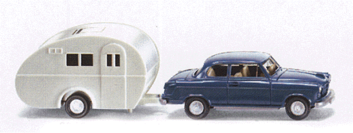 European Automobile - Borgward Isabella -- 1950s/60s 2-Door Hardtop Classic w/Travel Trailer (blue car, silver trailer)