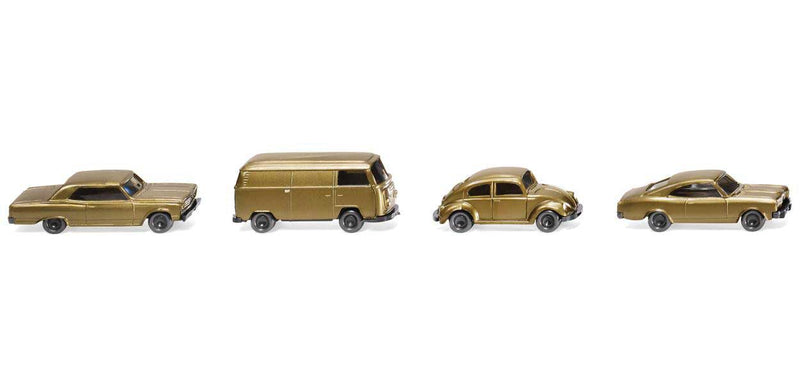 VW Beetle 1300, VW Bus, Opel Rekord and Chevrolet Malibu Set -- 50th Anniversary of Wiking N Scale (All Vehicles are Gold)