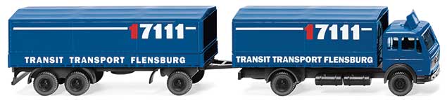 1973-1980 Mercedes-Benz 1632 Low-Side Truck with Trailer - Assembled -- Transit Transport (blue, white, red, German Lettering)