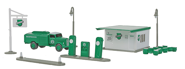 1950s Gas Station Set - Kit -- Rheinpreussen Station, Pump Island, 2 Non-Working Lights, Sign & Opel Tank T