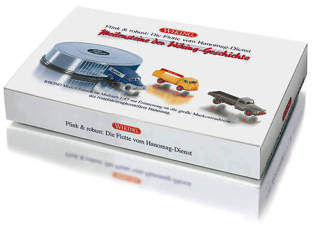 Hanomag Service Circular Garage w/3-Truck Set - Assembled -- 1 Each L28 Box Van, Kurier Beverage Truck & L28 Flatbed