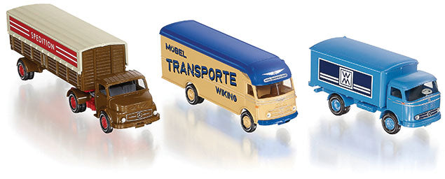 Old Wiking 1950s/1960s 3-Vehicle Set - Assembled -- 1 Each: Mercedes-Benz LP 321 & Flatbed, Ackerman Furniture Van-1
