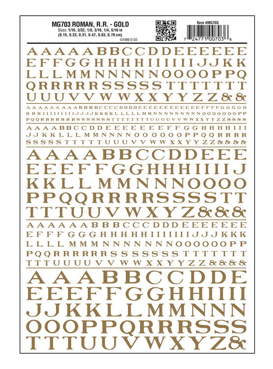 Dry Transfer Alphabet - Railroad Roman - 1/16, 3/32, 1/8, 3/16, 1/4 & 5/16" -- Gold