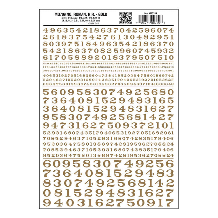 Dry Transfer Numbers - Railroad Roman - 1/16, 3/32, 1/8, 3/16, 1/4 & 5/16" -- Gold