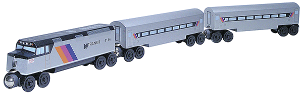 Wooden Toy Train: F-40PH Diesel Engine w/2 Cars -- New Jersey Transit