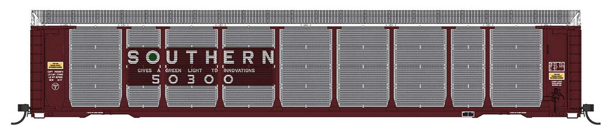 Tri-Level Enclosed Auto Rack - Ready to Run -- Southern Railway #50300 (Boxcar Red, silver, green, Green Light Slogan)