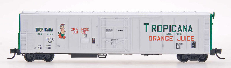 57' Mechanical Refrigerator Car - Ready to Run -- Tropicana (1979, white, green, orange, green ends, 1 figure)