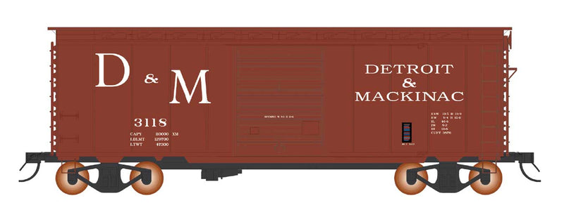 1937 AAR 10'6" Boxcar, 4-3-1 Improved Dreadnaught Ends, 6' Door - Ready to -- Detroit & Mackinac (Boxcar Red, Large D&M)