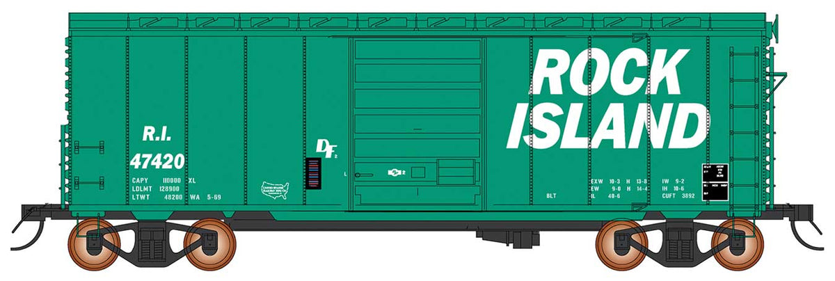 1937 AAR 10'6" Boxcar, 4-3-1 Improved Dreadnaught Ends, 6' Door - Ready to -- Rock Island (green, white, Billboard Lettering)