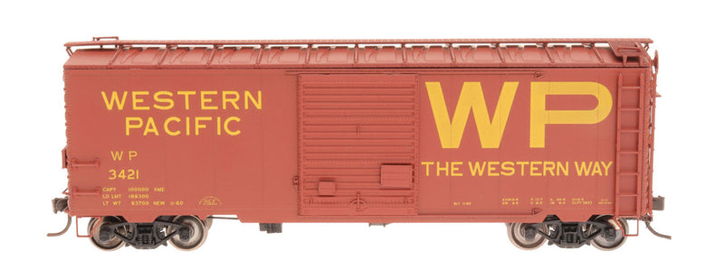 1937 AAR 10'6" Welded Boxcar, 4-3-1 Dreadnaught Ends, 8' Door - Ready to Ru -- Western Pacific (Boxcar Red, yellow, Billboard WP)