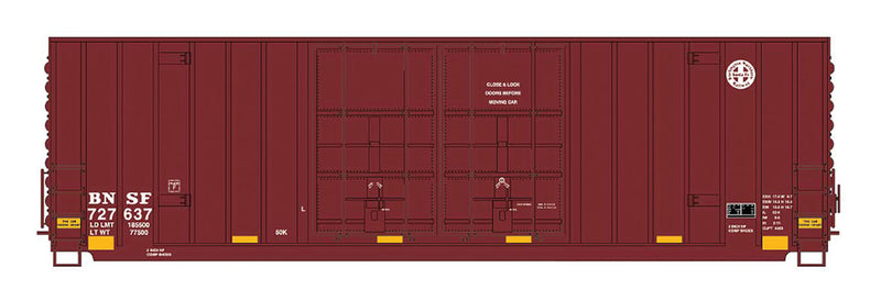 Gunderson 50' Hi-Cube Double-Plug Door Boxcar - Ready to Run - Value Line -- Burlington Northern Santa Fe (Boxcar Red, yellow Conspicuity Marks, Small Lo
