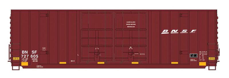 Gunderson 50' Hi-Cube Double-Plug Door Boxcar - Ready to Run - Value Line -- BNSF Railway (Boxcar Red, yellow Conspicuity Marks, Small Wedge Logo)