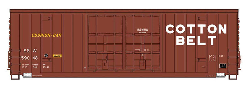 Gunderson 50' High-Cube Double-Door Boxcar with Peaked Roof - Ready to Run -- Cotton Belt SSW (Boxcar Red, white)