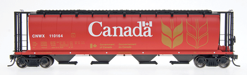 59' 4-Bay Cylindrical Covered Hopper - Trough Hatch Version - Ready to Run -- Government of Canada CNWX (red, yellow, black, white)