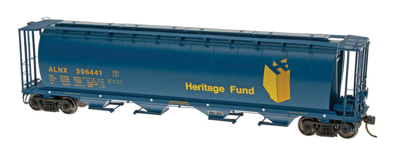 59' 4-Bay Cylindrical Covered Hopper - Trough Hatch Version - Ready to Run -- ALNX Alberta Heritage Fund (blue w/gold Lettering & yellow Herald)
