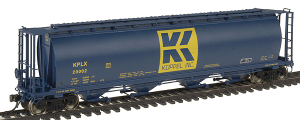 59' 4-Bay Cylindrical Covered Hopper - Trough Hatch Version - Ready to Run -- Koppel, Inc. KPLX (blue, yellow)