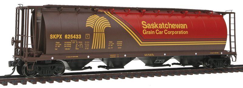 59' 4-Bay Cylindrical Covered Hopper - Trough Hatch Version - Ready to Run -- Saskatchewan Grain Car Croperation SKPX (orange, brown, gold stripes)