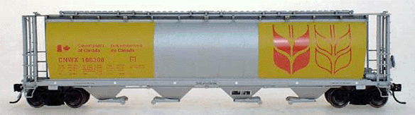 59' 4-Bay Cylindrical Covered Hopper - Trough Hatch Version - Ready to Run -- Government of Canada CNWX (Silver w/Bright Yellow Band)-1