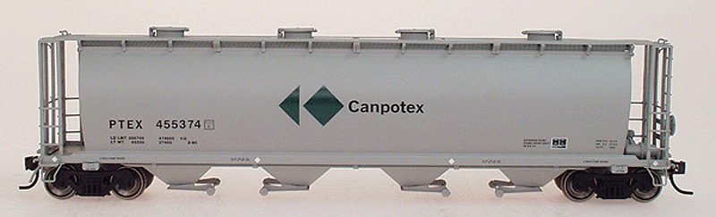 59' 4-Bay Cylindrical Covered Hopper w/Round Hatches - Ready to Run -- Canpotex Limited (gray, green logo, black lettering)