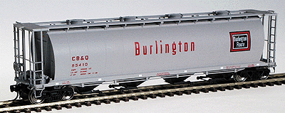 59' 4-Bay Cylindrical Covered Hopper w/Round Hatches - Ready to Run -- Chicago, Burlington & Quincy (red, black & white "Burlington Route" herald