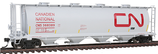 59' 4-Bay Cylindrical Covered Hopper w/Round Hatches - Ready to Run -- Canadian National (light gray, Large Red Noodle Logo)