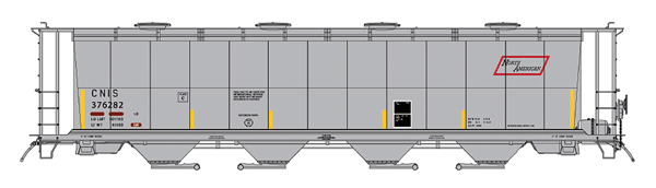 59' 4-Bay Cylindrical Covered Hopper w/Round Hatches - Ready to Run -- North American CNIS (gray, yellow Conspicuity Markings, NACC Logo)