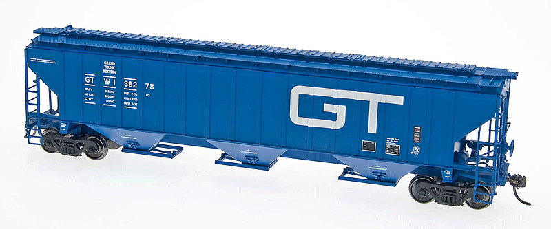 PS2CD 4750 Cubic Foot 3-Bay Covered Hopper - Ready to Run -- Grand Trunk Western (blue, Large Logo)