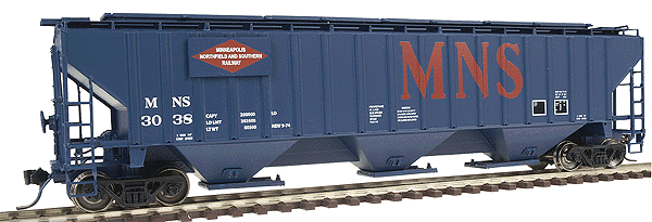 PS2CD 4750 Cubic Foot 3-Bay Covered Hopper - Ready to Run -- Minneapolis, Northfield & Southern (dark blue, red, Billboard MNS)-1