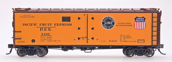 R-40-23 Steel Ice Reefer - Ready to Run -- Pacific Fruit Express (orange, Boxcar Red; SP Lines & UP Color Logo)