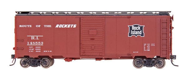 10'6" Modified 1937 AAR 40' Boxcar - Ready to Run -- Rock Island (Boxcar Red, black, Route of the Rockets Slogan)