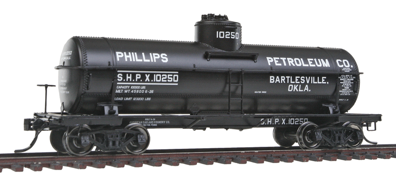 ACF Type 27 Riveted 10,000-Gallon Tank Car - Ready to Run -- Phillips Petroleum SHPX (black, white Lettering, Bartlesville, OK)