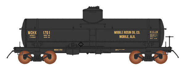ACF Type 27 Riveted 8000-Gallon Tank Car - Ready to Run -- Mobile Rosin Oil Co. (black, yellow)