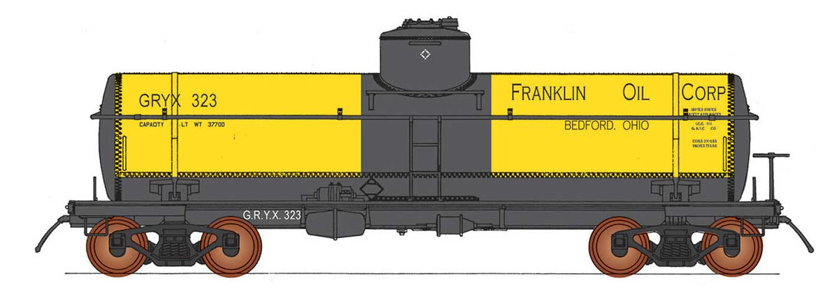 ACF Type 27 Riveted 8,000-Gallon Tank Car - Ready to Run -- Franklin Oil GRYX (yellow, black)