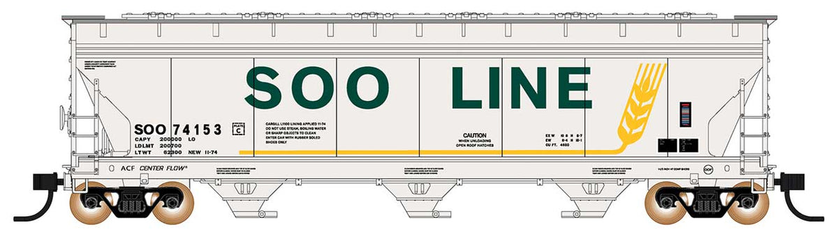 ACF 4650 Cubic Foot 3-Bay Covered Hopper - Ready to Run -- Soo Line (white, green, yellow, Colormark Markings)
