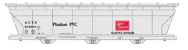 ACF 4650 Cubic Foot 3-Bay Covered Hopper - Ready to Run -- Allied Chemical - Plaskon PVC ACSX (gray, red, black)