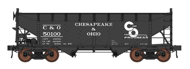 AAR Alternate Standard Offset-Side 2-Bay Hopper Arch Ends - Ready to Run -- Chesapeake & Ohio (black, Early Progress Logo)