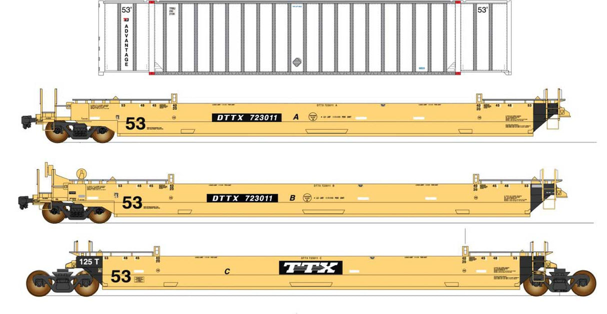 Maxi IV 3-Unit Well Car Set Early with 53' Containers -Ready to Run -- TTX #723444 (yellow, black, Trailer Bridge Containers)