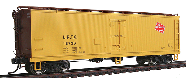 Fruit Growers Express Wood Refrigerator Car - Ready to Run -- Milwaukee Road URTX (yellow, Boxcar Red, red TMR Logo)-1