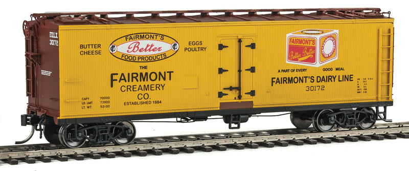 Fruit Growers Express Wood Refrigerator Car - Ready to Run -- Fairmont Creamery (yellow, Boxcar Red, white, red)
