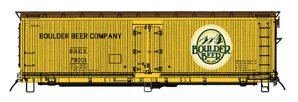 Fruit Growers Express Wood Refrigerator Car - Ready to Run -- Boulder Beer Co. (Micro Brewery Fantasy Scheme, yellow, Boxcar Red, Logo)