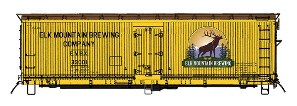 Fruit Growers Express Wood Refrigerator Car - Ready to Run -- Elk Mountain Brewing Co (Micro Brewery Fantasy Scheme, yellow, Boxcar Red, L