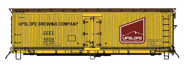 Fruit Growers Express Wood Refrigerator Car - Ready to Run -- Upslope Brewing Co. (Micro Brewery Fantasy Scheme, yellow, Boxcar Red, Logo)