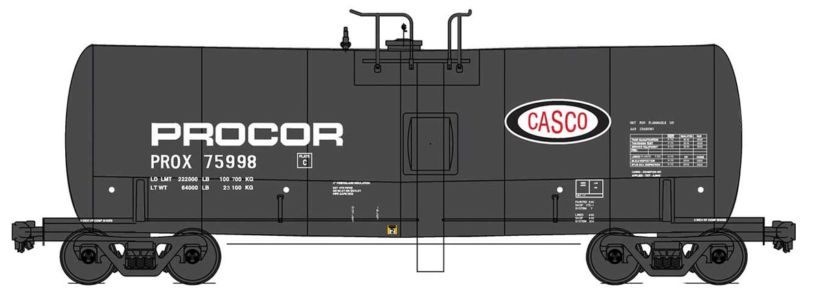 Trinity 19,600-Gallon Tank Car - Ready to Run -- Casco Procor PROX (black, white, red, blue)