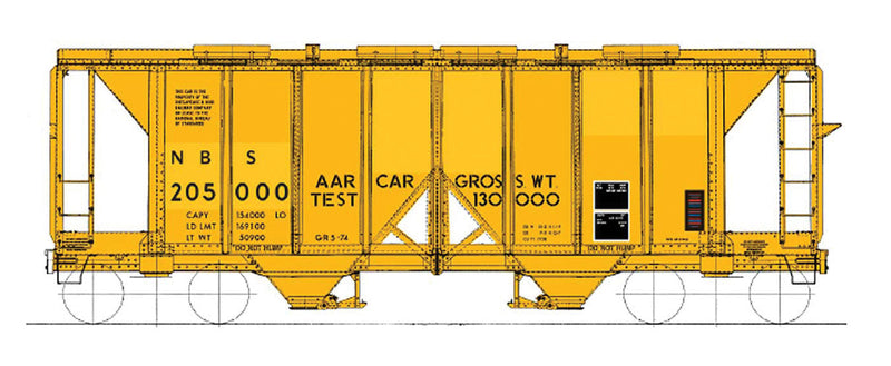 1958 Cubic Foot 2-Bay Covered Hopper w/Open Sides - Ready to Run -- National Bureau of Standards #205000 (yellow, AAR Scale Test Car)