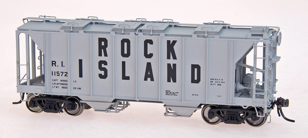 1969 Cubic Foot 2-Bay Covered Hopper w/Closed Sides - Ready to Run -- Rock Island (gray, black, Billboard Block Lettering)