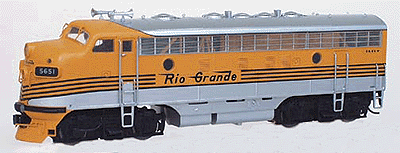 Regal Line Diesel EMD F7A Phase I Powered, Assembled -- Denver & Rio Grande Western (Aspen Gold & Aluminum scheme, black striping)