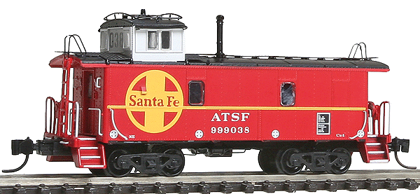 Santa Fe Rebuilt Steel Cupola Caboose - Ready to Run -- Santa Fe (PC Run-Through, red, yellow, black Roof, Large Logo, white Cupola)