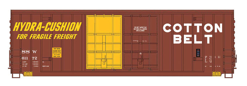 Gunderson 50' Hi-Cube Double-Plug Door Boxcar, Peaked Roof - Ready to Run -- Cotton Belt SSW (B-70-42, Boxcar Red, white, yellow Door,Hydra Cushion)